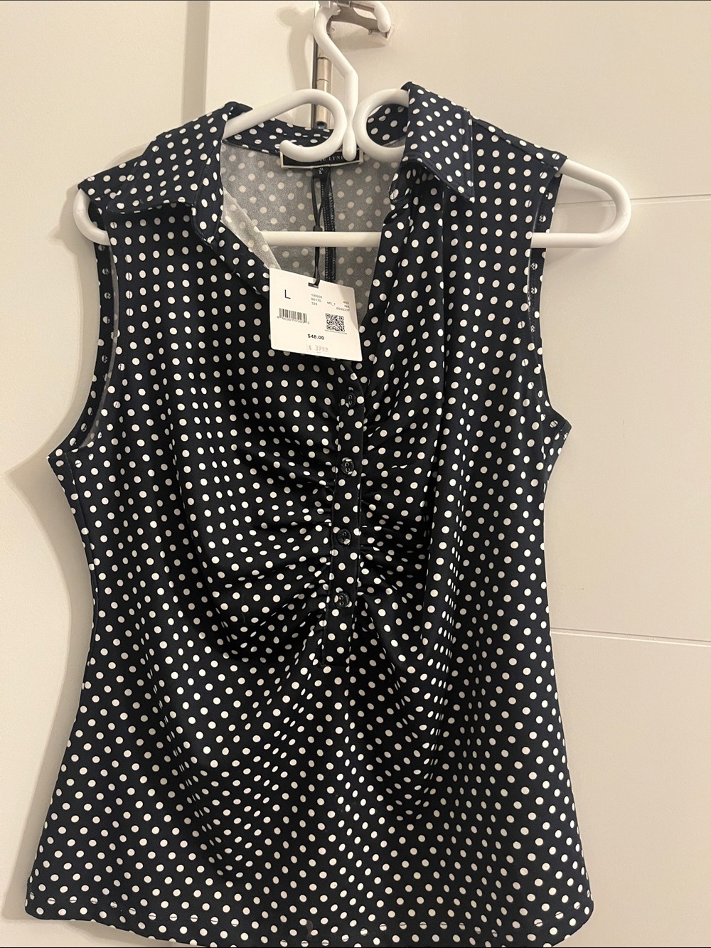 Navy Polka Dot Sleeveless Ruched Front Camisole